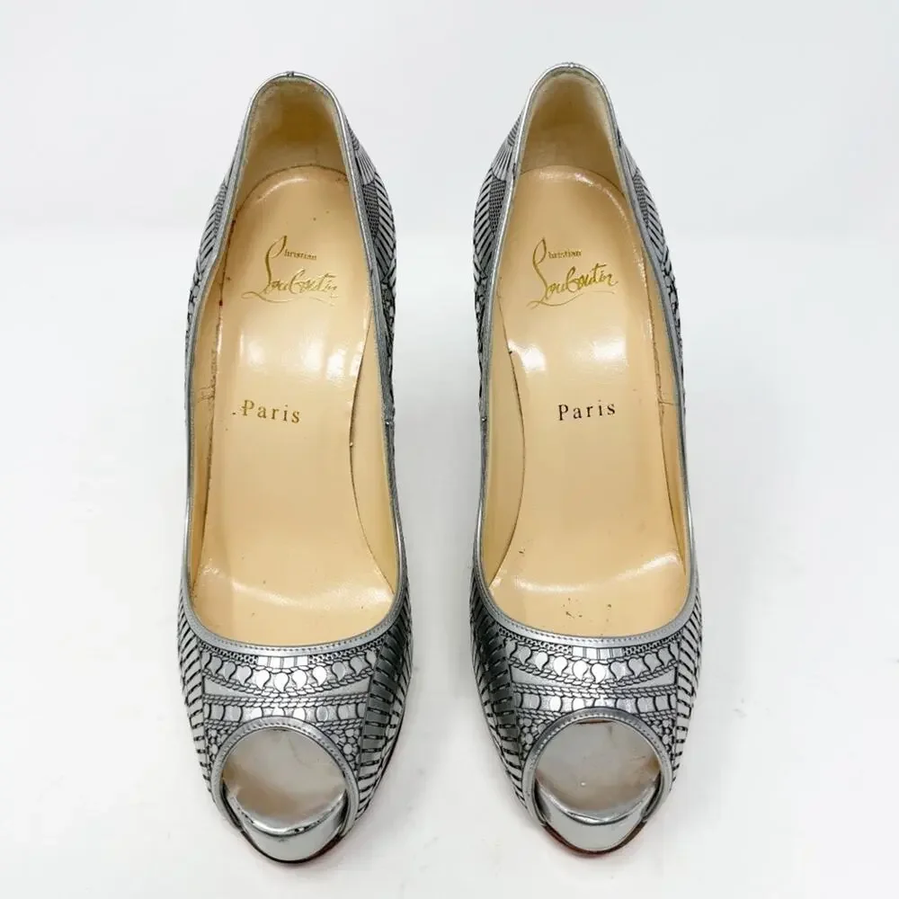 Christian Louboutin Suellena Silver Geometric Peep Toe Heels Womens Size EU 37